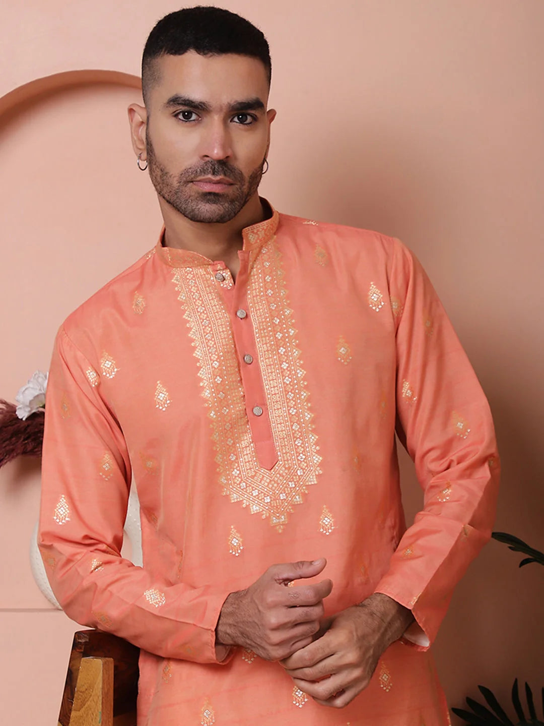 Men's Peach Foil Printed Kurta | Indian Kurta for Men