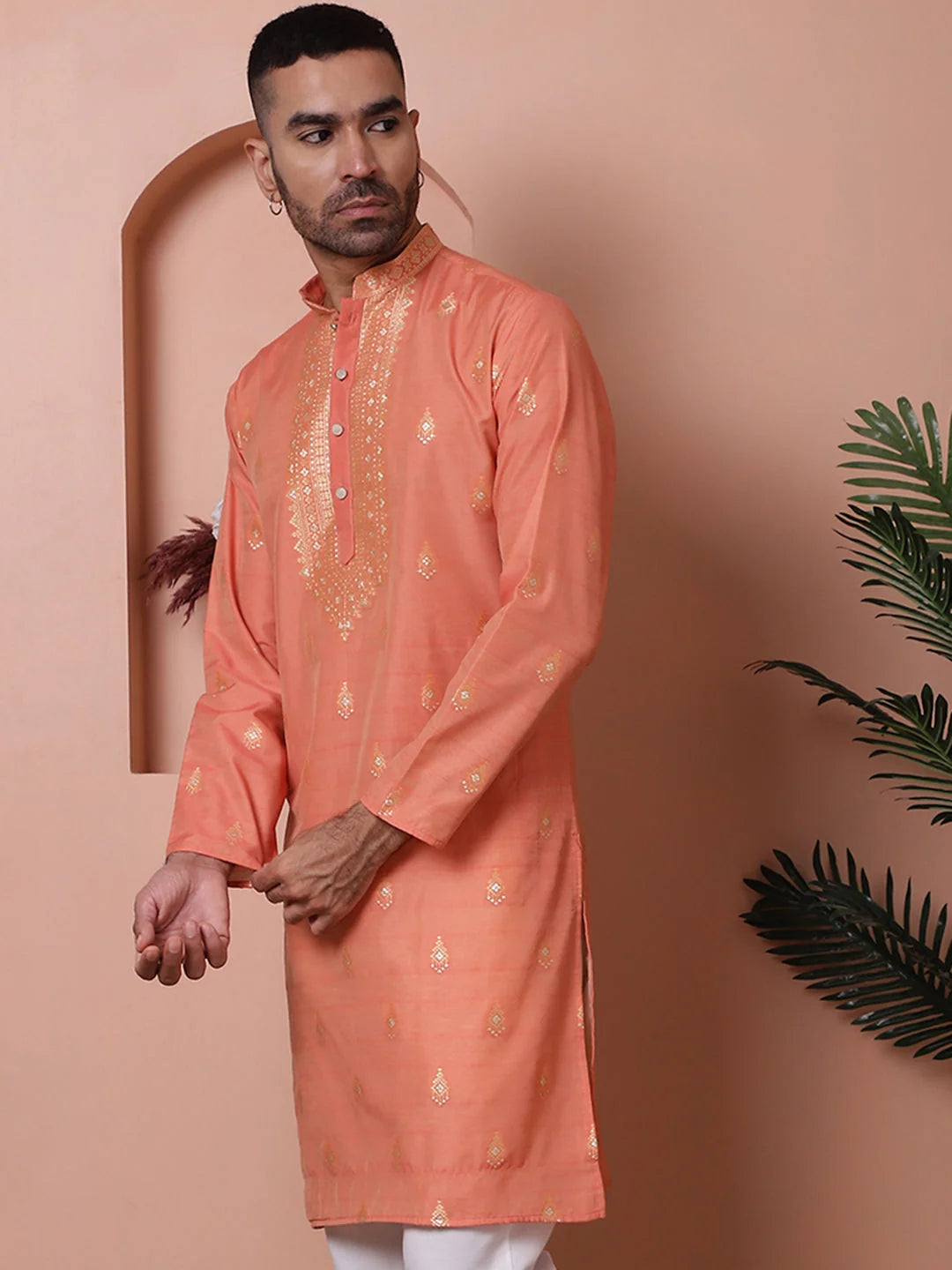 Men's Peach Foil Printed Kurta | Indian Kurta for Men