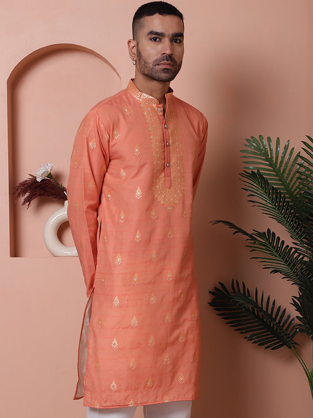 Men's Peach Foil Printed Kurta | Indian Kurta for Men