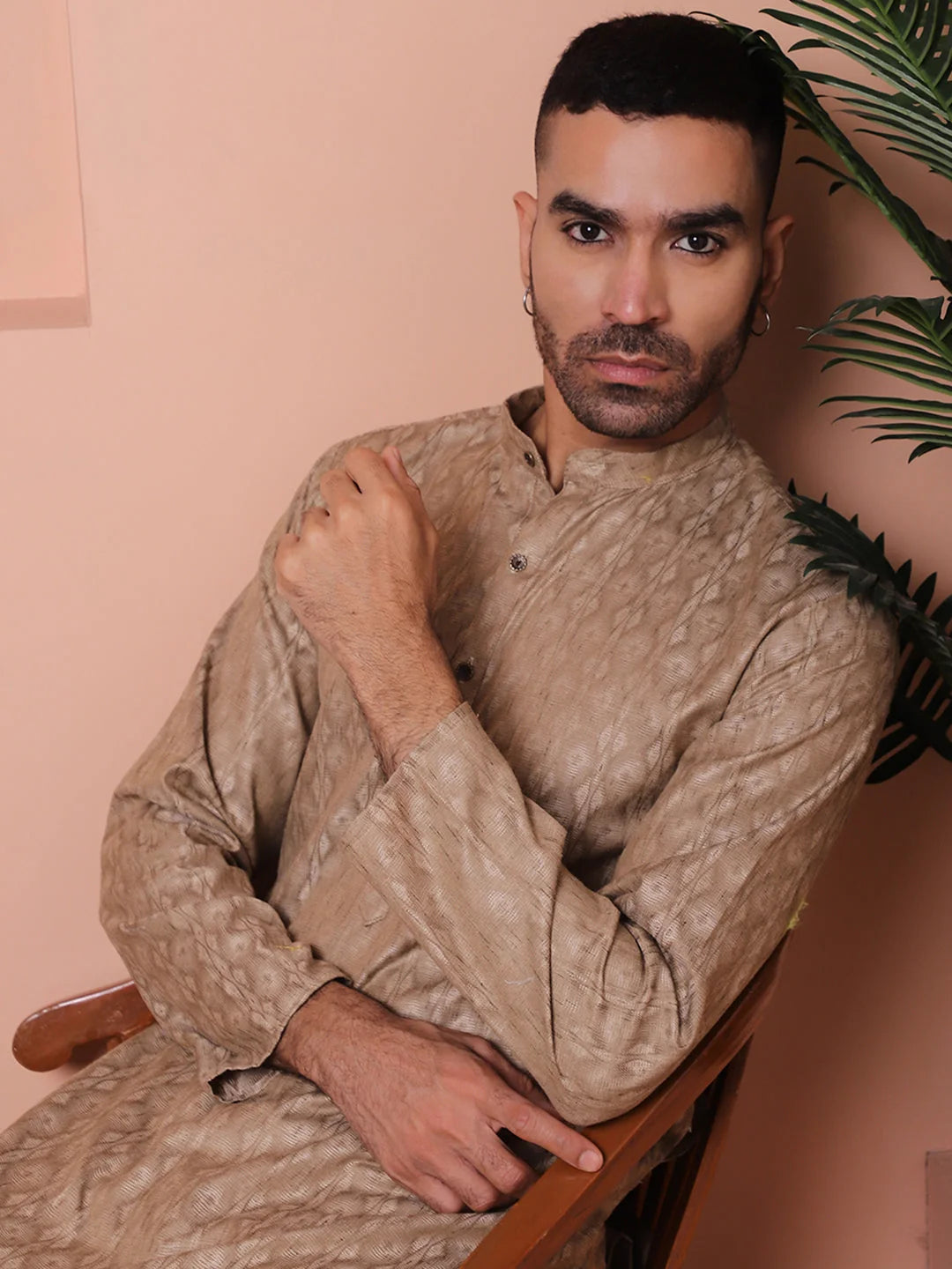 Brown Woven Design Indian Kurta for Men - Cotton Mens Kurta