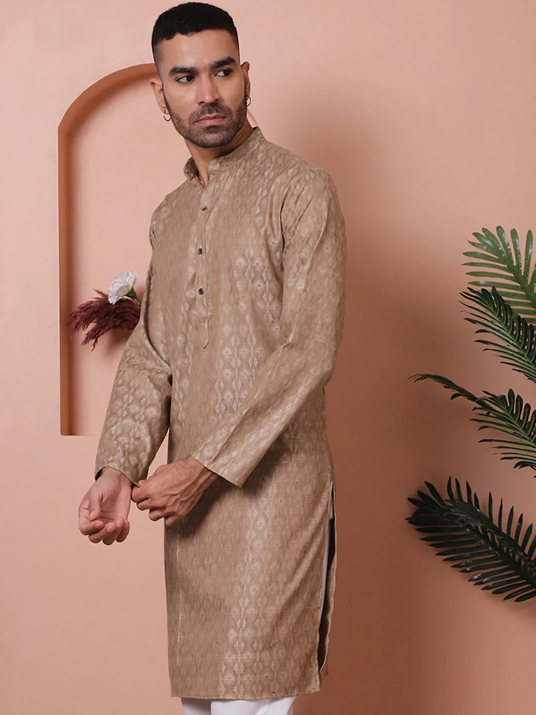 Brown Woven Design Indian Kurta for Men - Cotton Mens Kurta