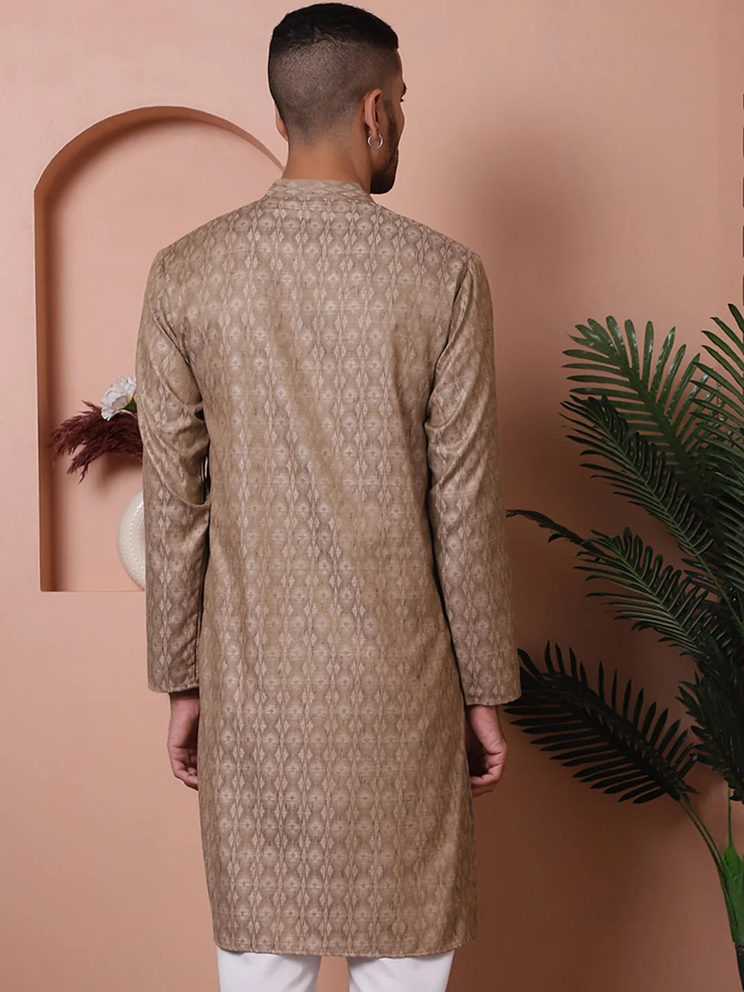 Brown Woven Design Indian Kurta for Men - Cotton Mens Kurta