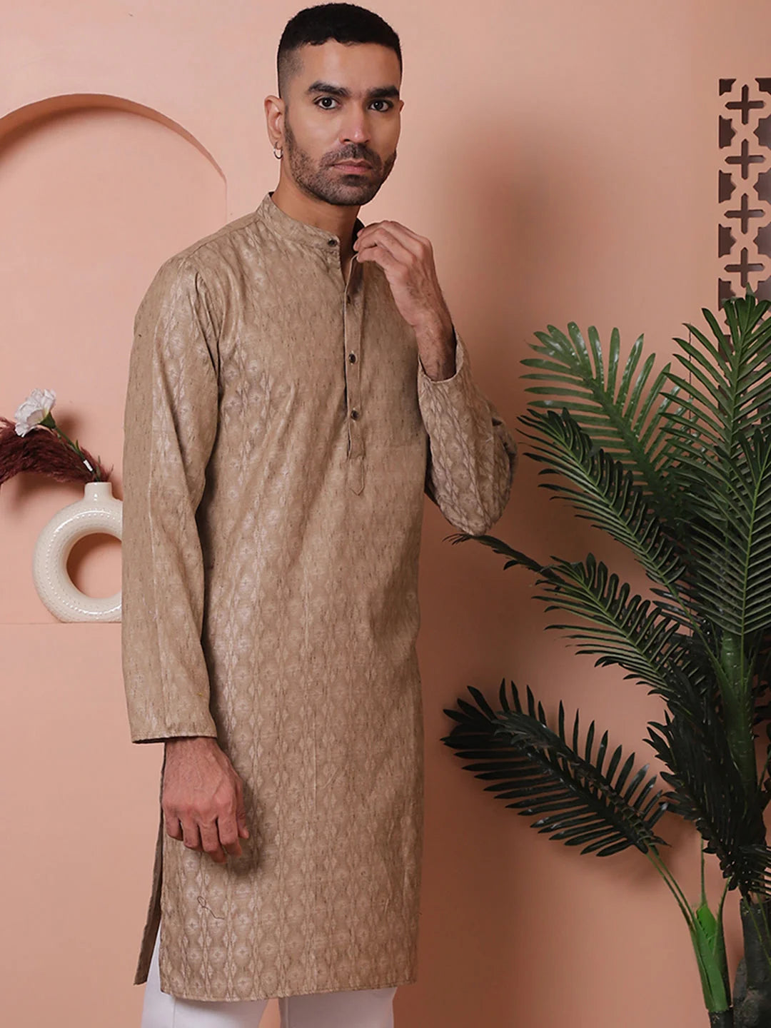Brown Woven Design Indian Kurta for Men - Cotton Mens Kurta