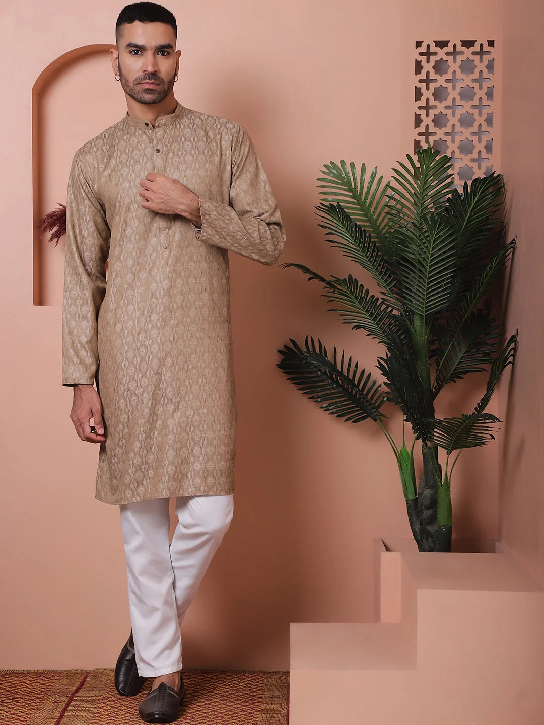 Brown Woven Design Indian Kurta for Men - Cotton Mens Kurta