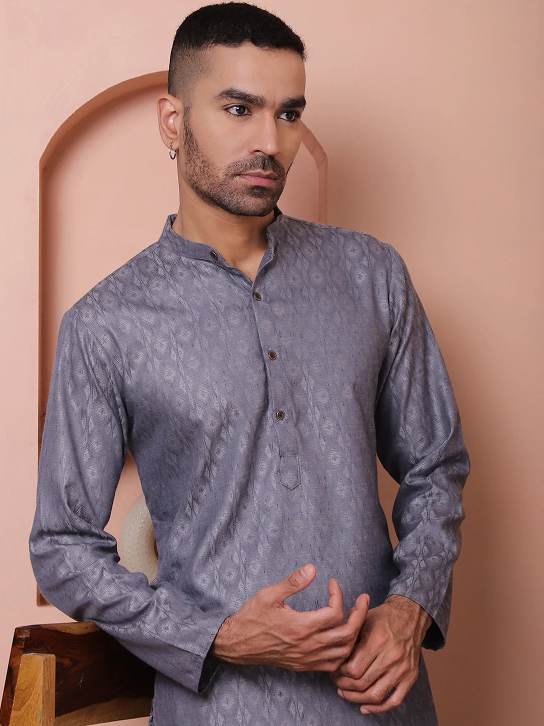 Grey Woven Design Indian Kurta for Men - Cotton Mens Kurta
