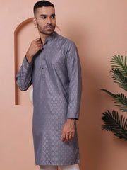 Men Grey Woven Design Cotton Kurtas-KO-5068Grey
