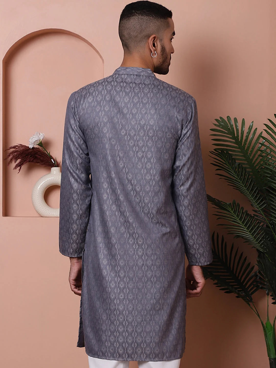 Grey Woven Design Indian Kurta for Men - Cotton Mens Kurta