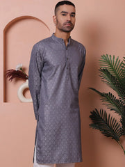 Men Grey Woven Design Cotton Kurtas-KO-5068Grey
