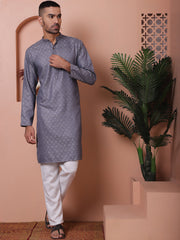 Men Grey Woven Design Cotton Kurtas-KO-5068Grey