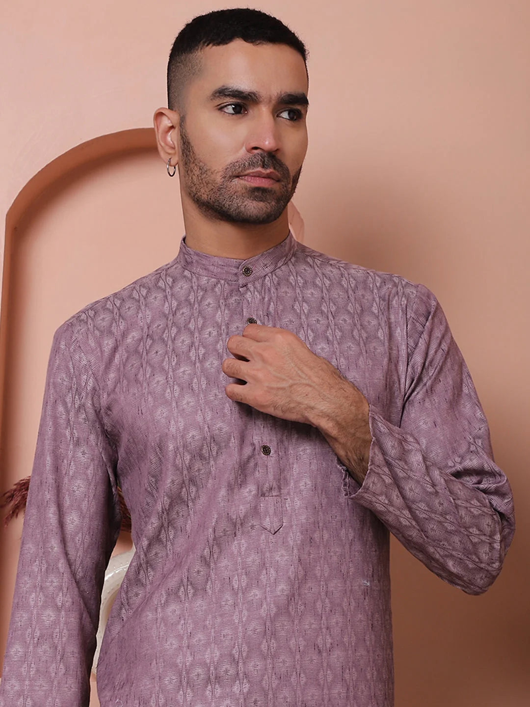 Men Purple Cotton Indian Kurta - Woven Design Mens Kurta