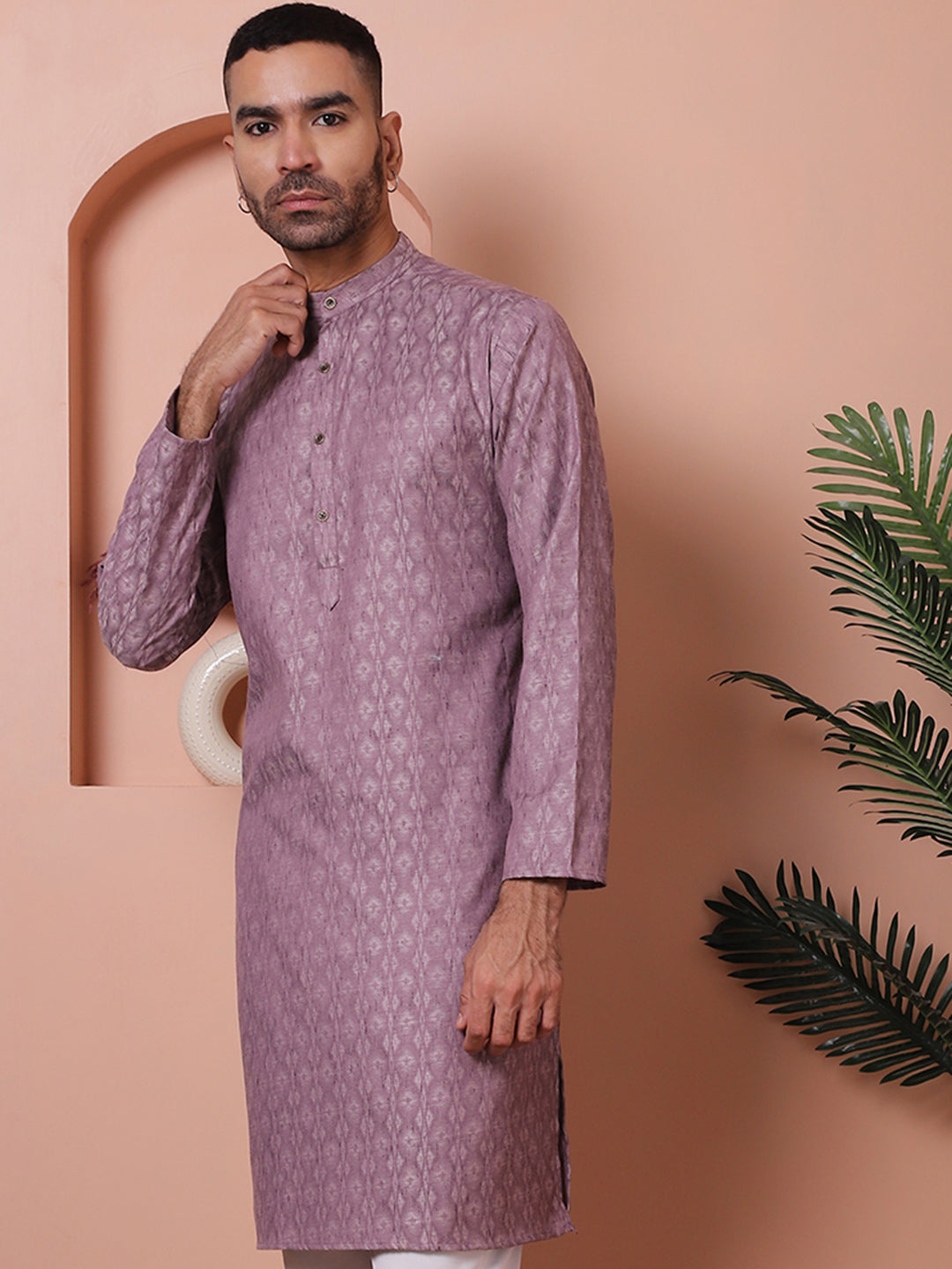 Men Purple Cotton Indian Kurta - Woven Design Mens Kurta