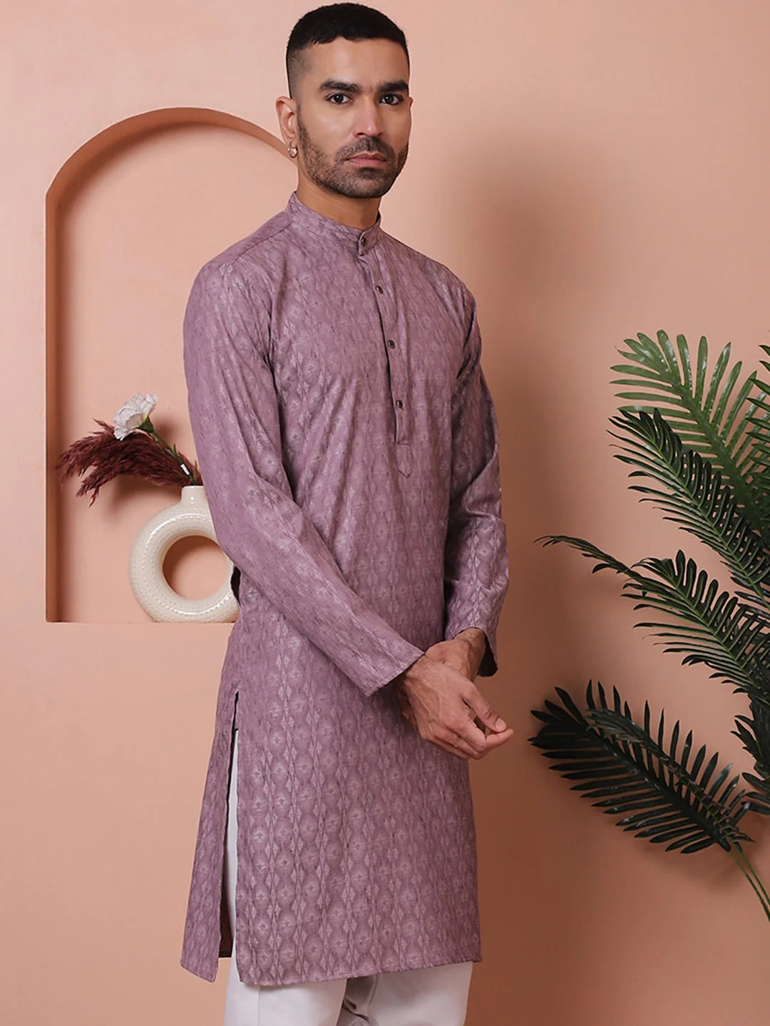 Men Purple Cotton Indian Kurta - Woven Design Mens Kurta