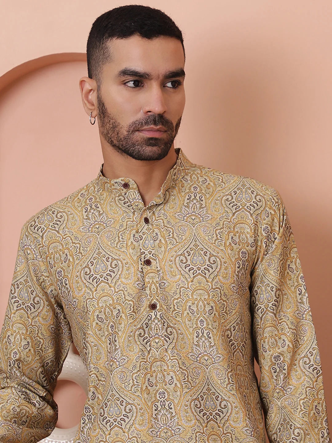 Men Printed Cotton Kurtas-KO-5069Golden