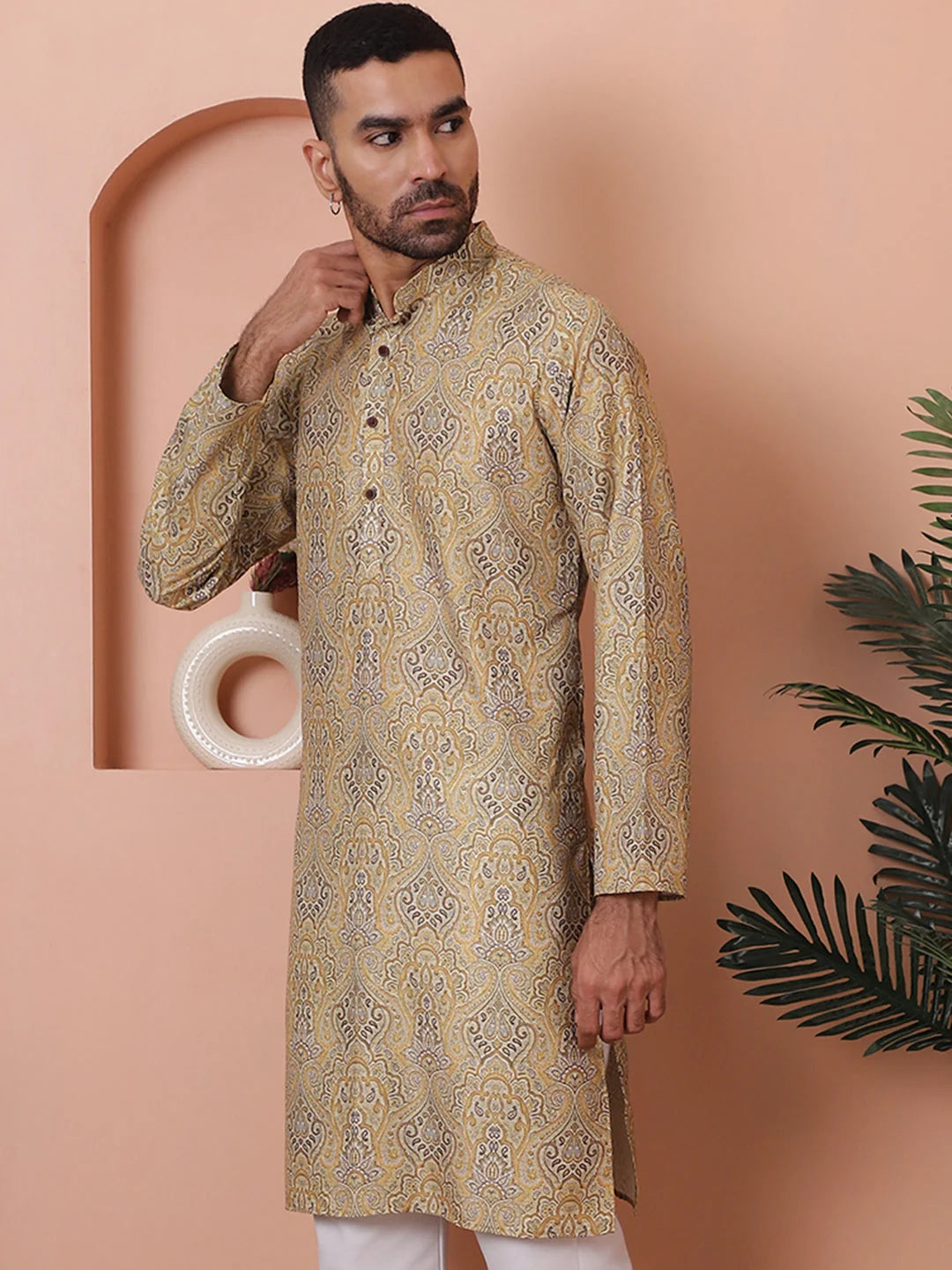 Golden Printed Mens Kurta - Cotton Indian Kurta for Men