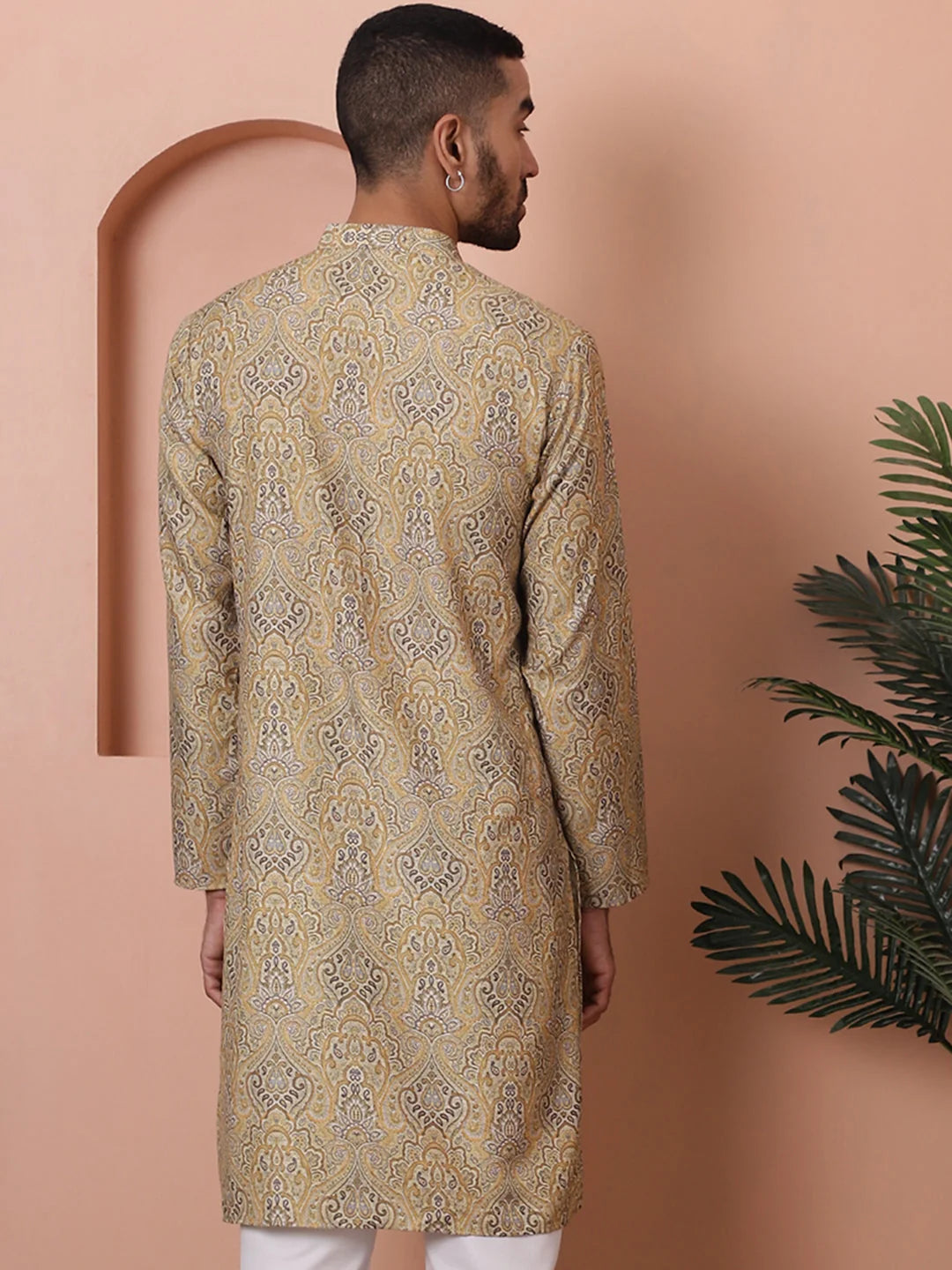 Golden Printed Mens Kurta - Cotton Indian Kurta for Men
