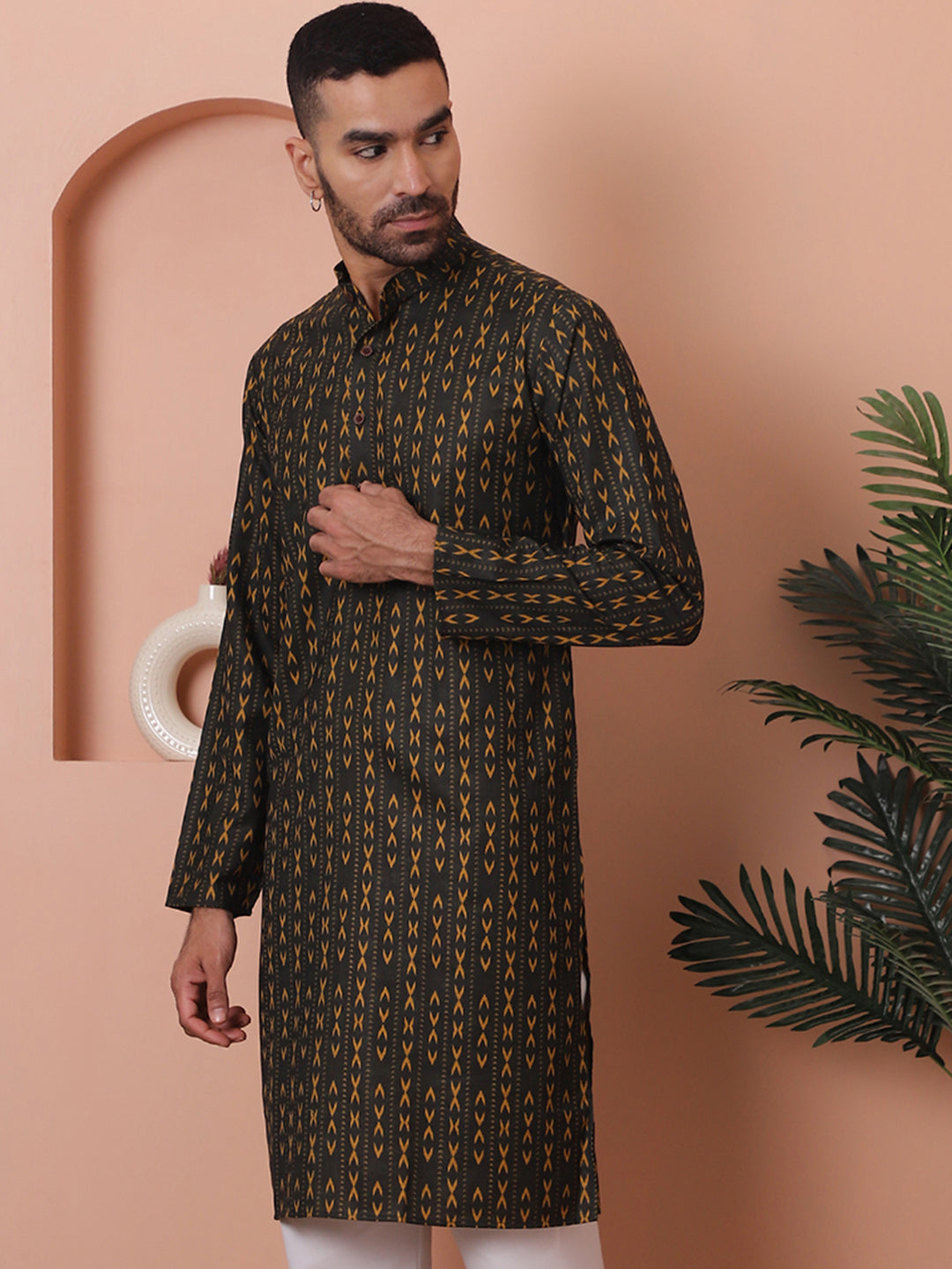Men Printed Cotton Mens Kurta - Mehndi Indian Kurta for Men