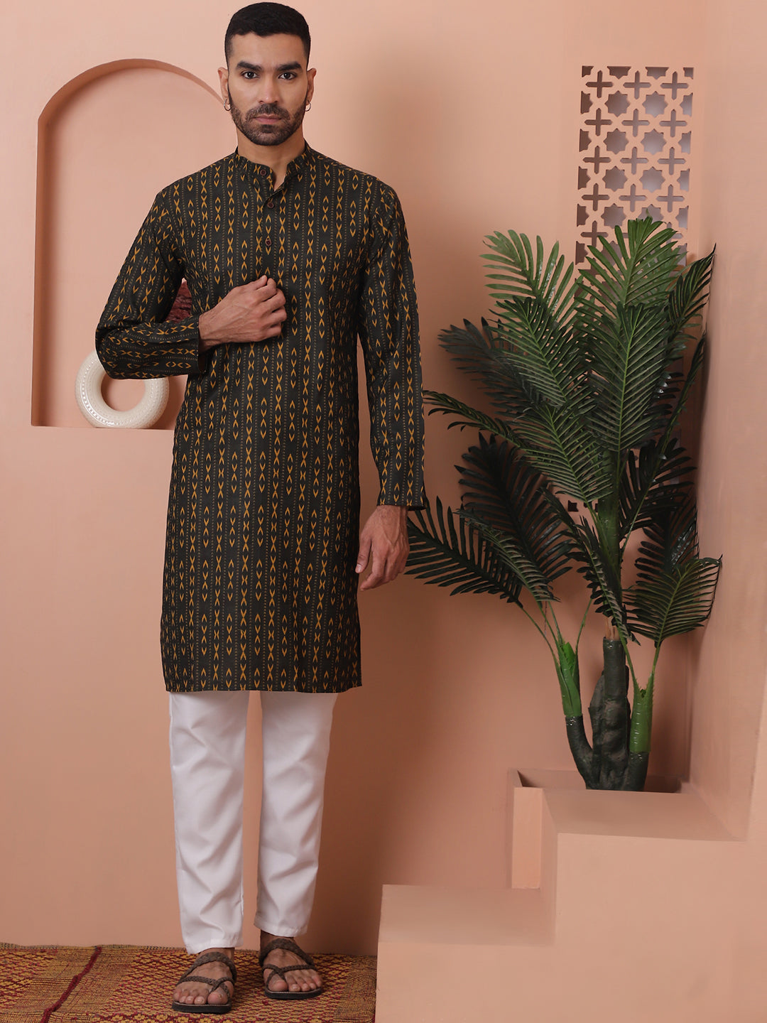 Men Printed Cotton Mens Kurta - Mehndi Indian Kurta for Men