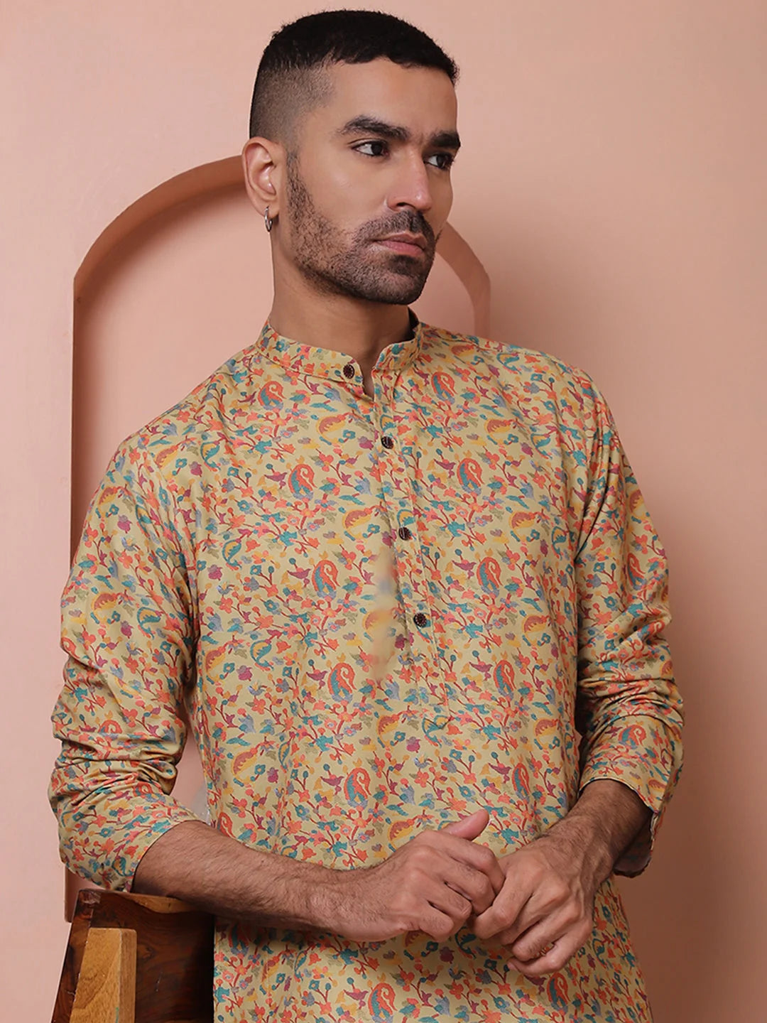 Men Printed Cotton Kurtas-KO-5069Yellow