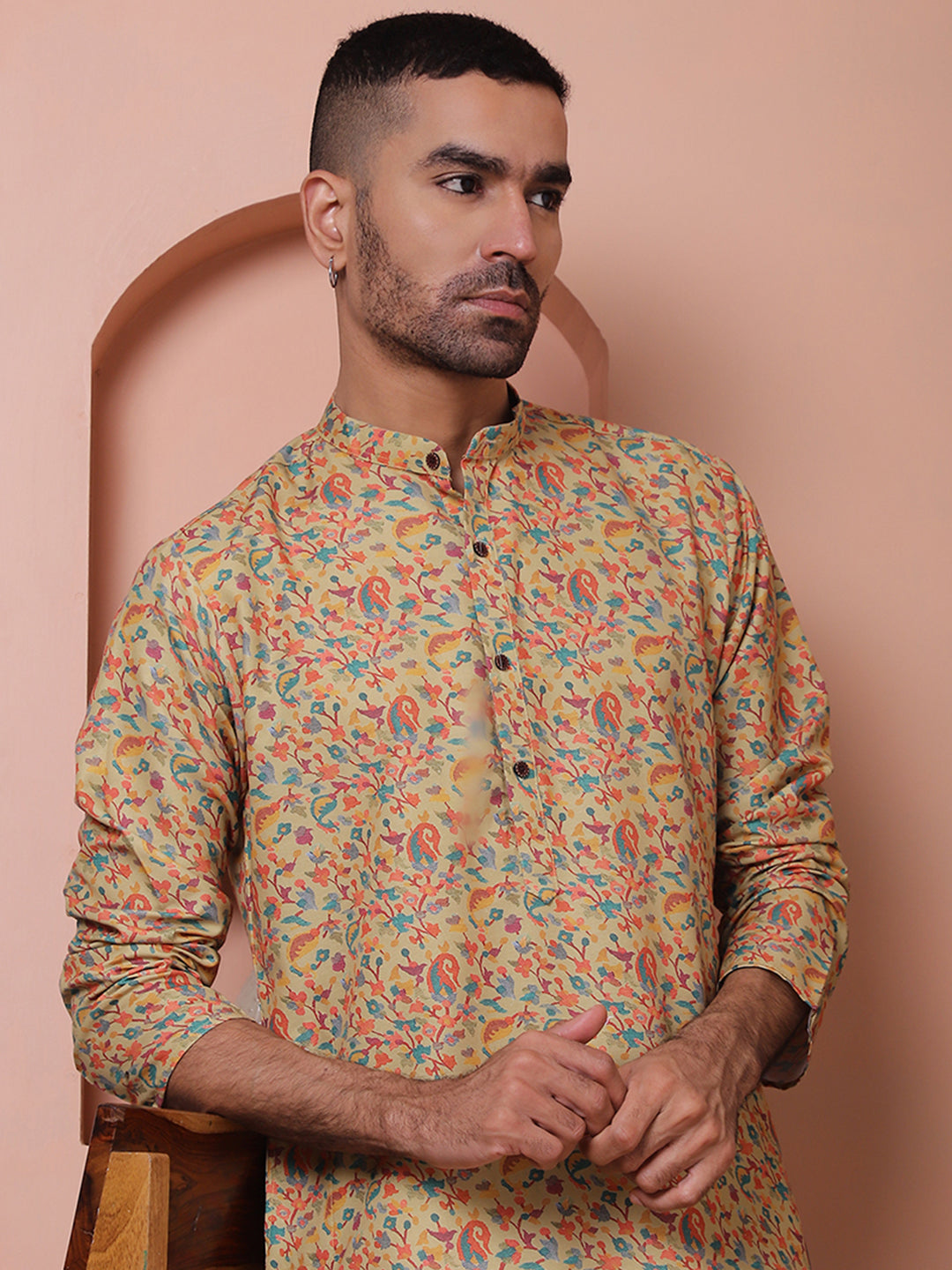 Modern Yellow Printed Mens Kurta - Cotton Indian Kurta for Men
