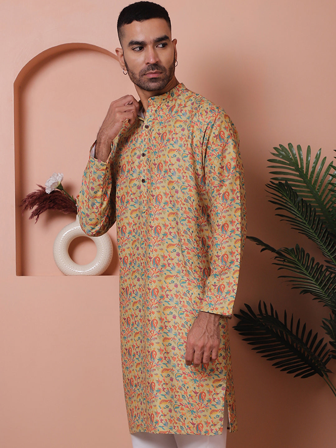 Modern Yellow Printed Mens Kurta - Cotton Indian Kurta for Men
