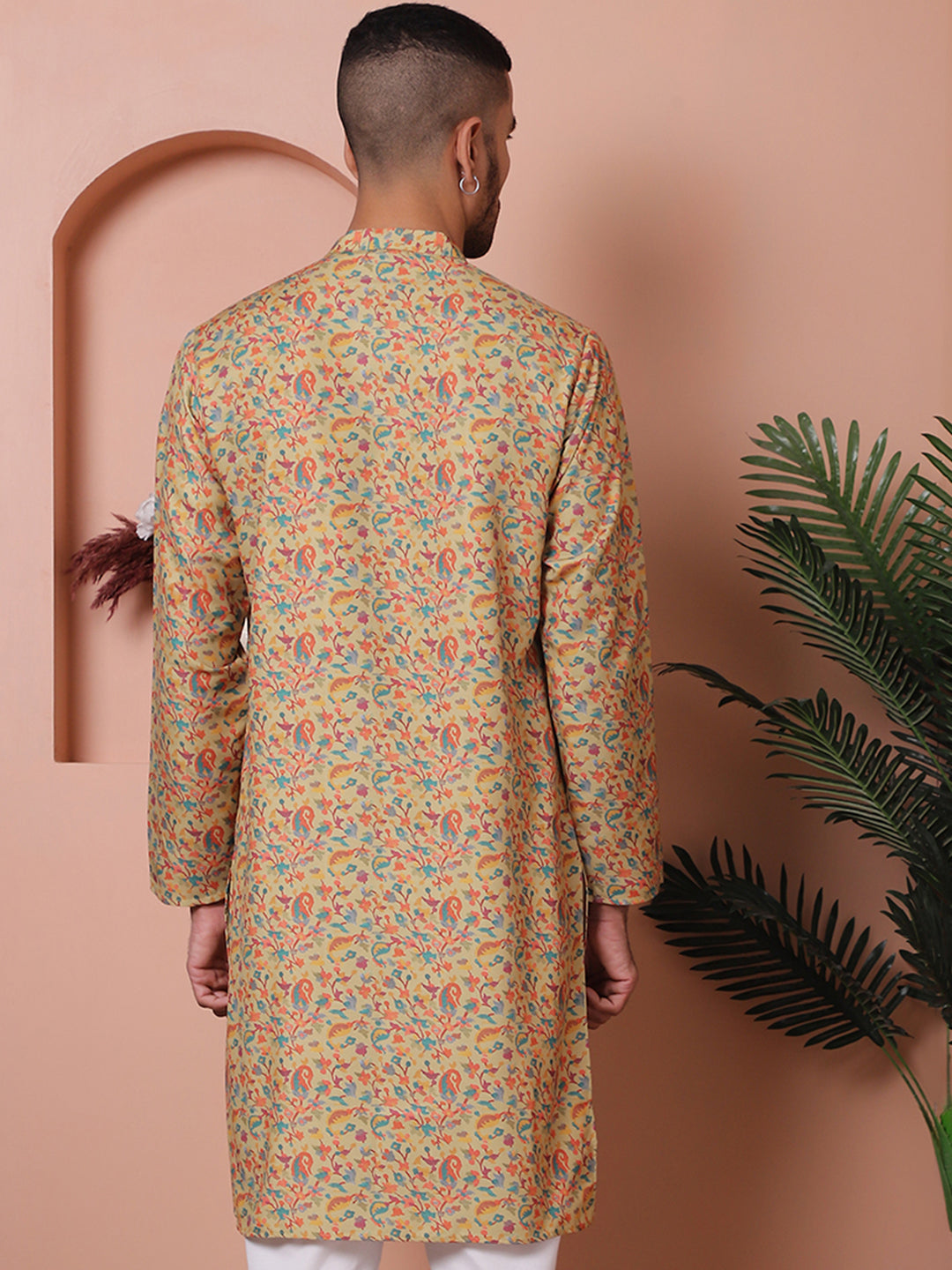 Modern Yellow Printed Mens Kurta - Cotton Indian Kurta for Men