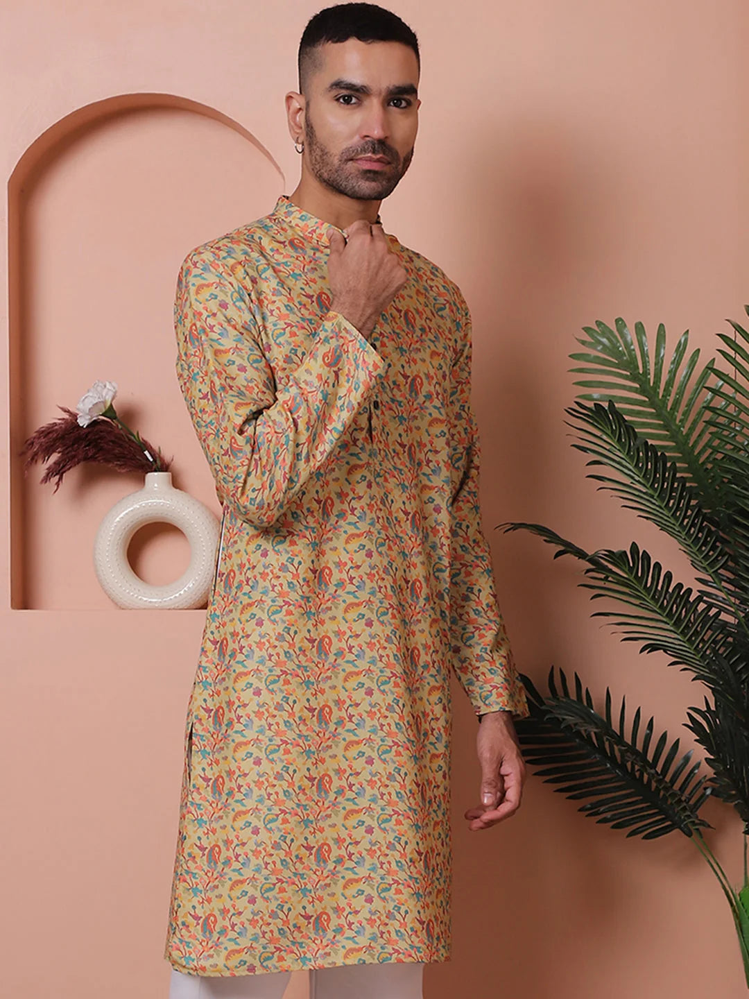 Modern Yellow Printed Mens Kurta - Cotton Indian Kurta for Men