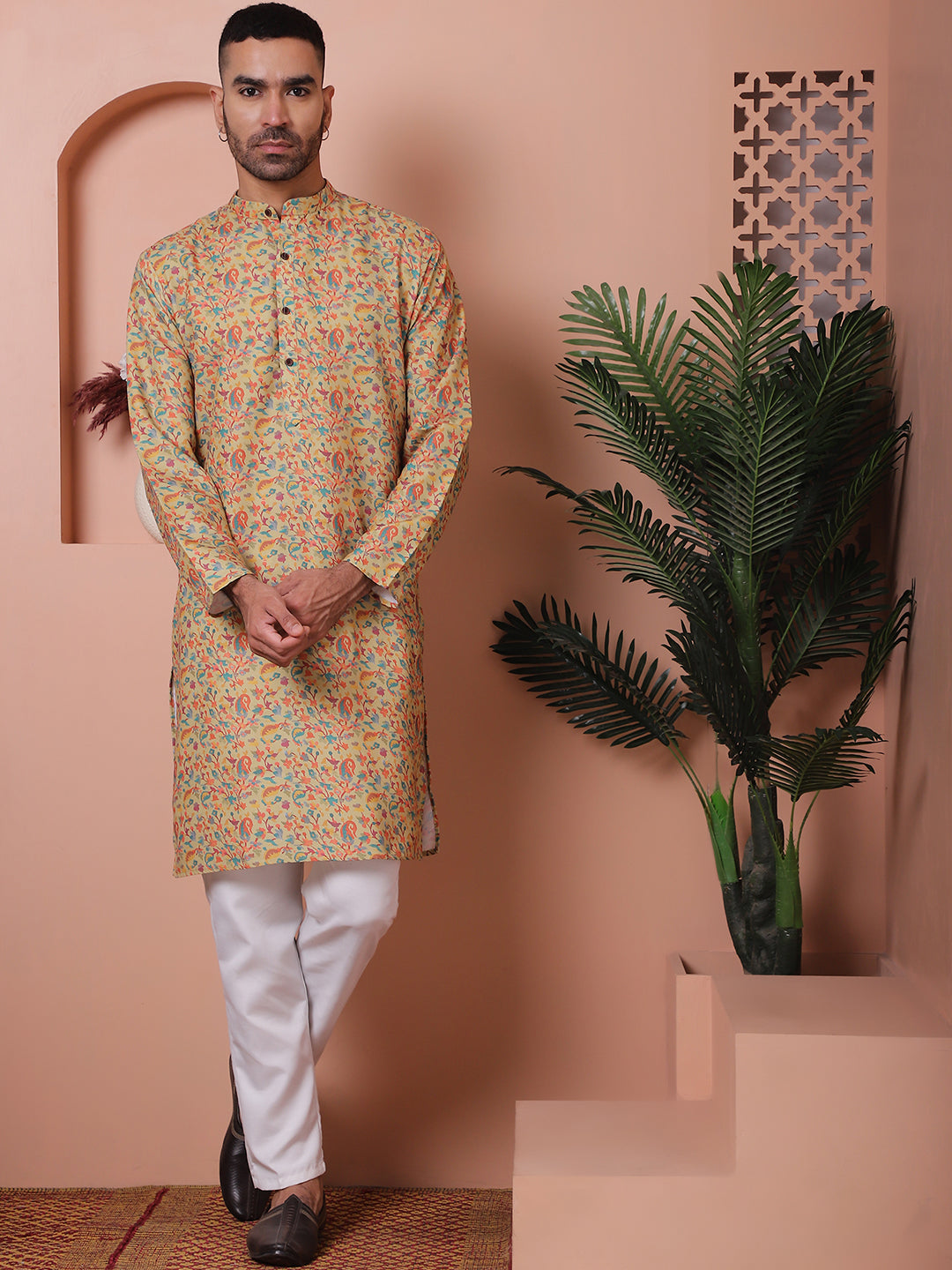 Modern Yellow Printed Mens Kurta - Cotton Indian Kurta for Men