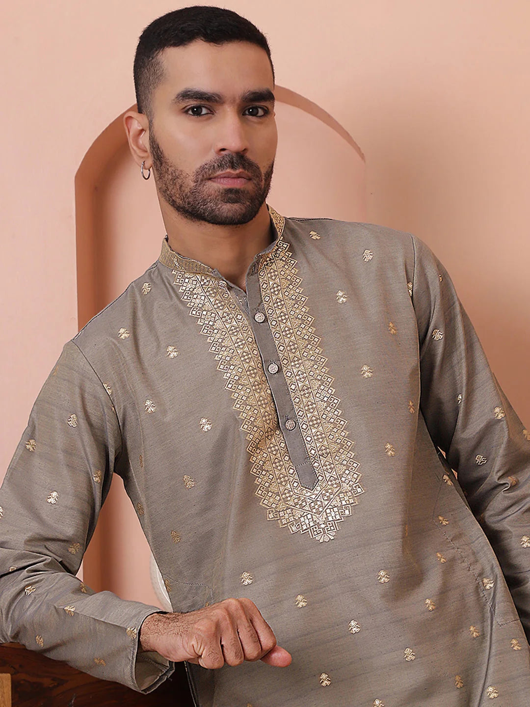 Grey Foil Printed Mens Kurta | Indian Kurta for Men