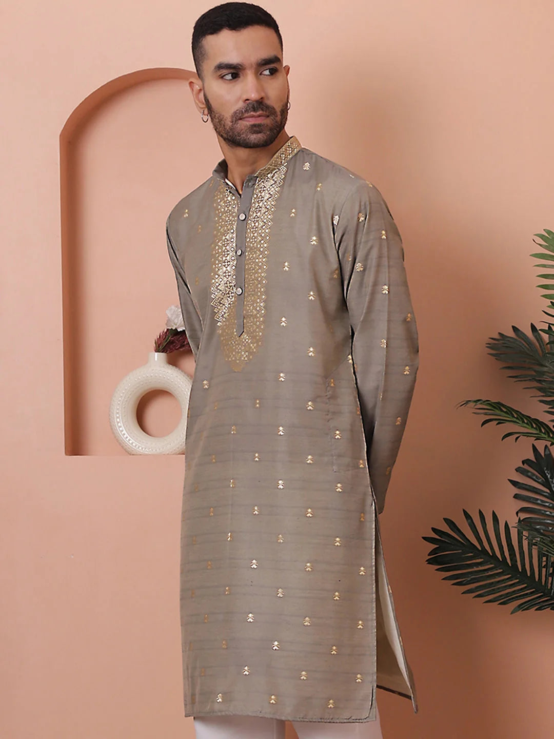 Grey Foil Printed Mens Kurta | Indian Kurta for Men