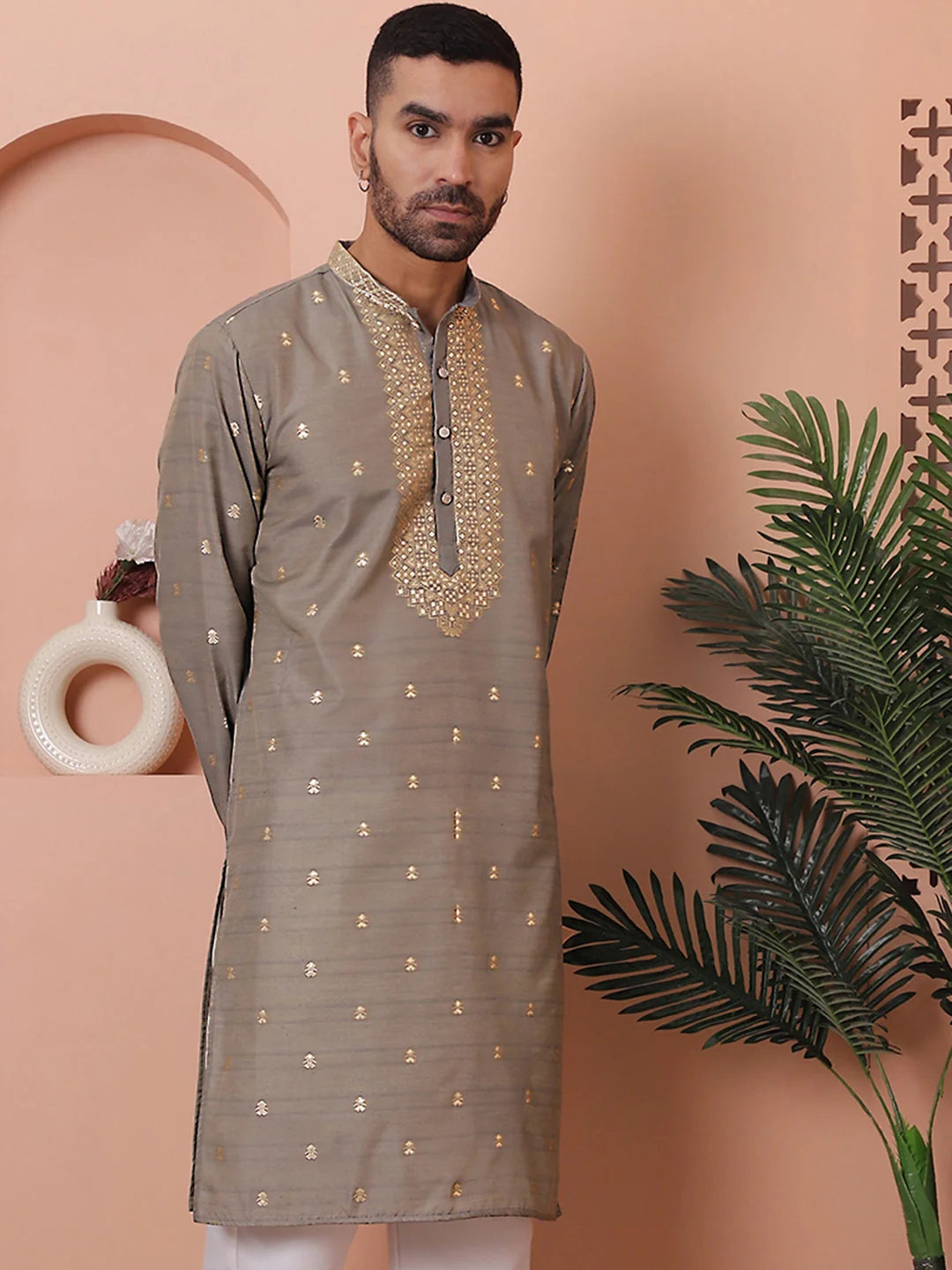 Grey Foil Printed Mens Kurta | Indian Kurta for Men
