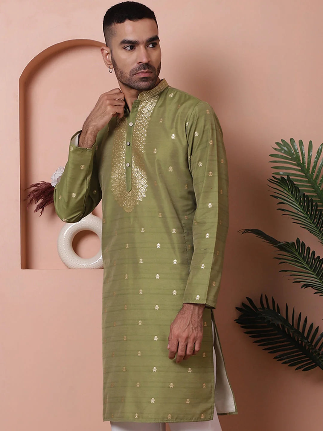 Olive Foil Printed Mens Kurta | Indian Kurta for Men