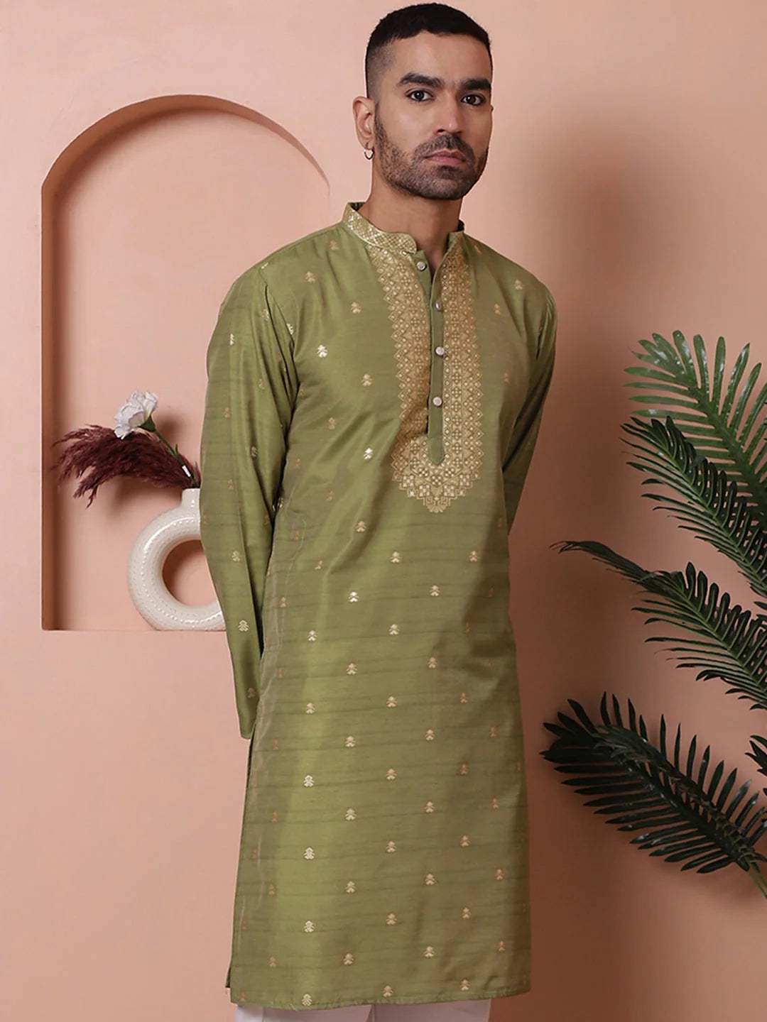 Olive Foil Printed Mens Kurta | Indian Kurta for Men