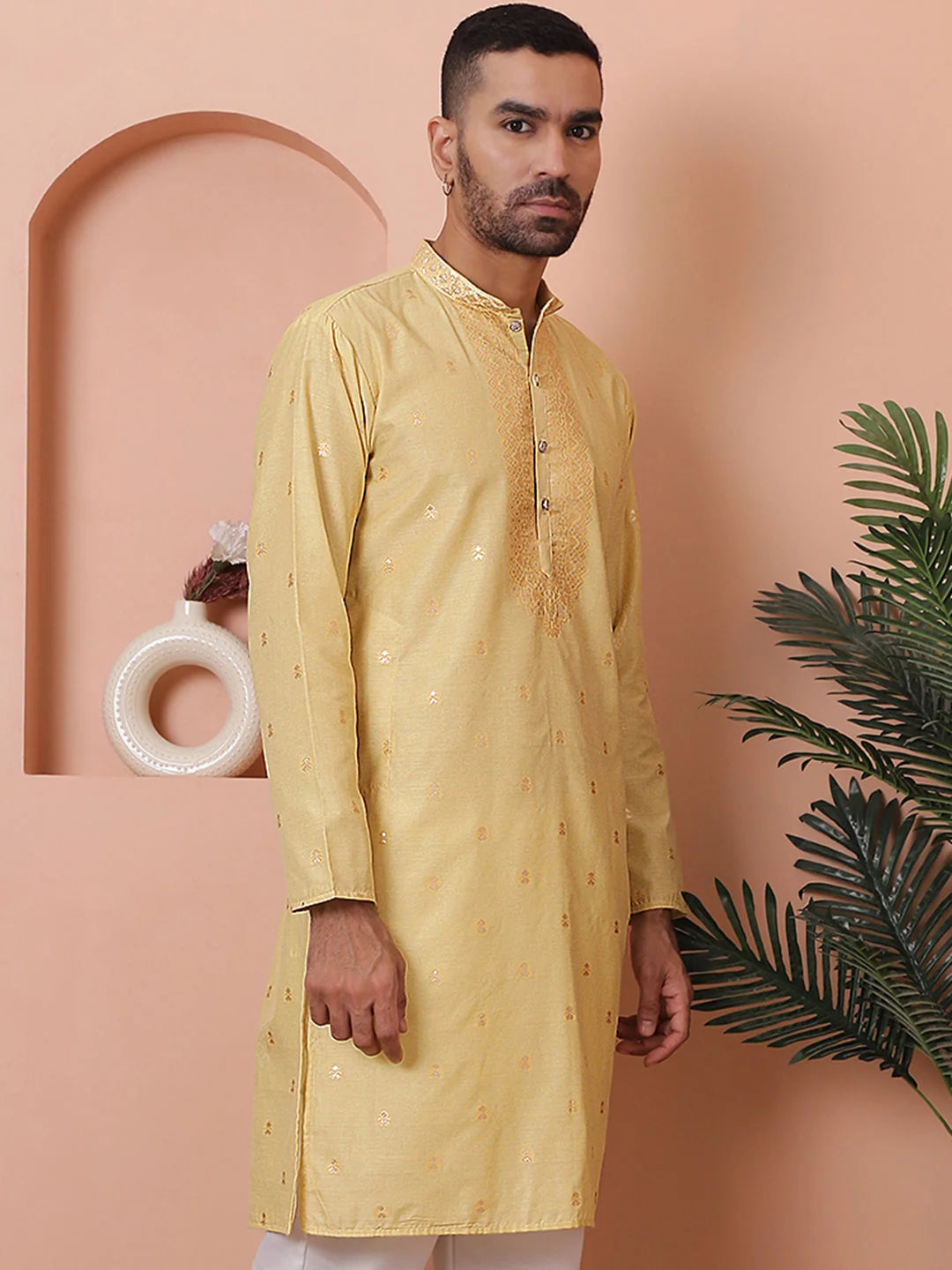 Yellow Foil Printed Mens Kurta | Indian Kurta for Men