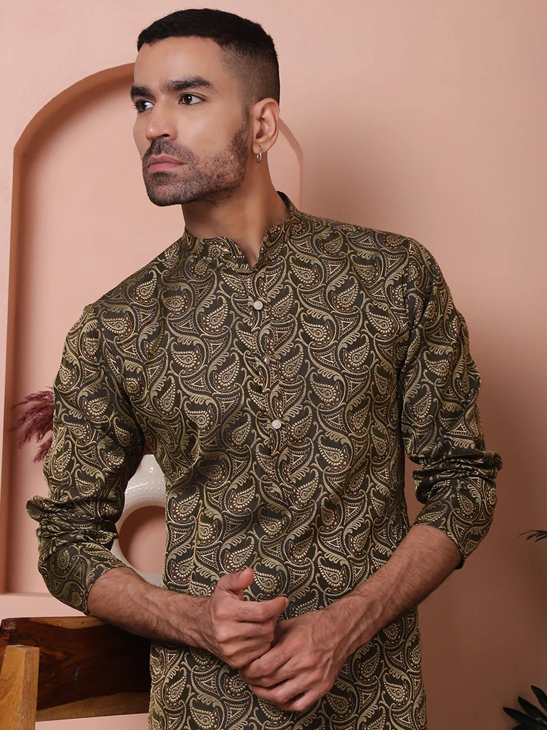 Black Silk Blend Woven Design Mens Kurta | Indian Kurta for Men