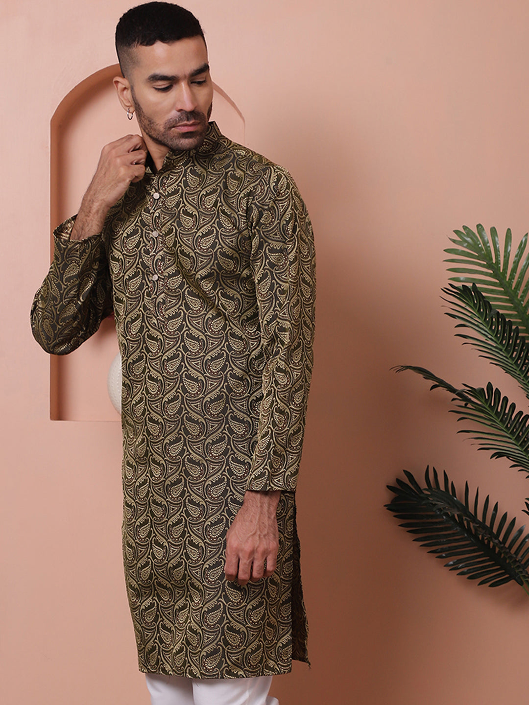Black Silk Blend Woven Design Mens Kurta | Indian Kurta for Men