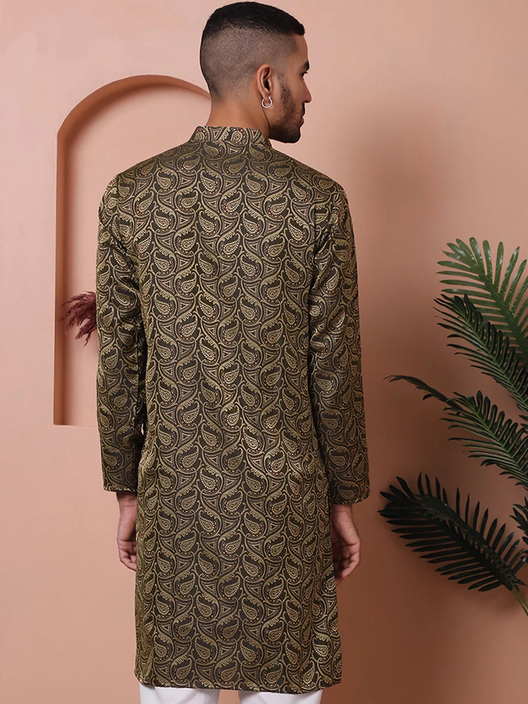 Black Silk Blend Woven Design Mens Kurta | Indian Kurta for Men