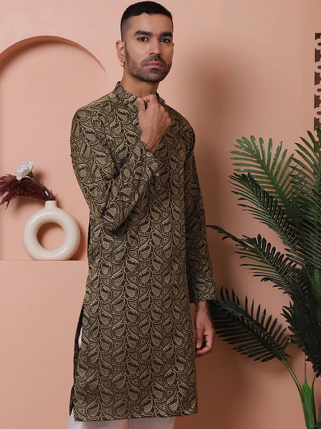Black Silk Blend Woven Design Mens Kurta | Indian Kurta for Men