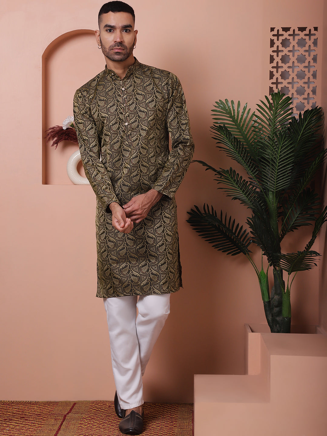 Black Silk Blend Woven Design Mens Kurta | Indian Kurta for Men