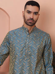 Men Blue Silk Blend Straight Kurtas-KO-5071Blue