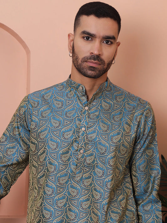 Men Blue Silk Blend Straight Kurtas-KO-5071Blue 1080