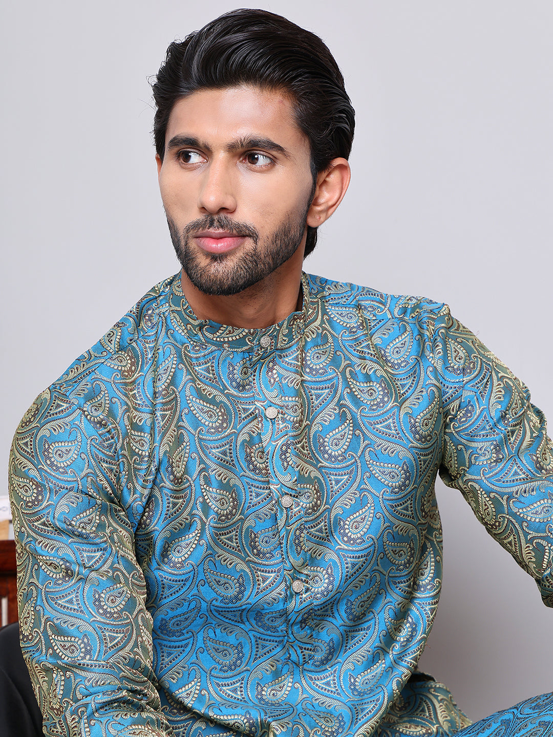 Men Blue Silk Blend Straight Kurtas ( KUO 5071Blue )