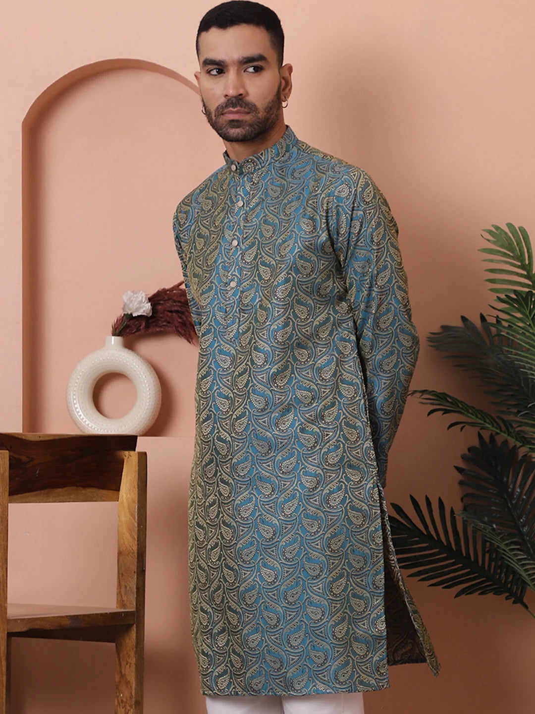 Blue Silk Blend Men's Kurta - Indian Kurta for Men