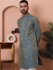 Men Blue Silk Blend Straight Kurtas-KO-5071Blue