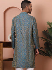 Men Blue Silk Blend Straight Kurtas-KO-5071Blue