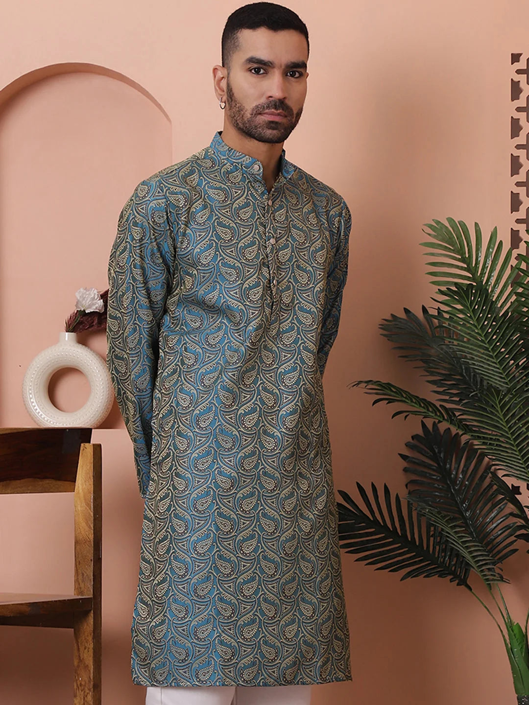 Blue Silk Blend Men's Kurta - Indian Kurta for Men