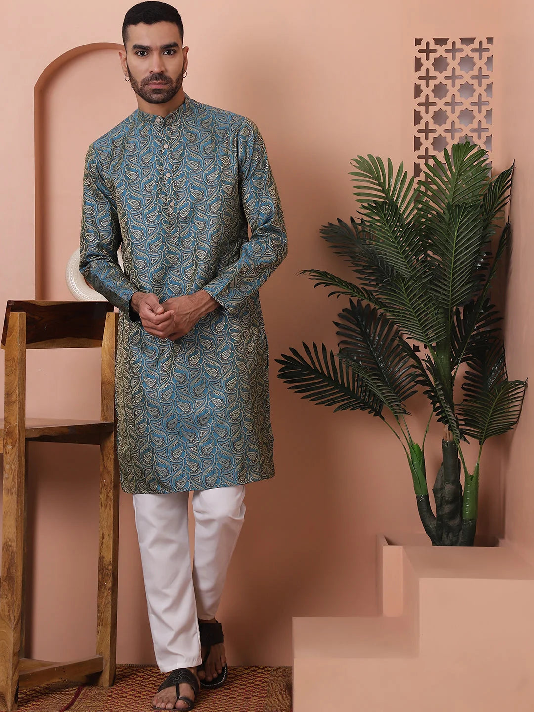 Blue Silk Blend Men's Kurta - Indian Kurta for Men