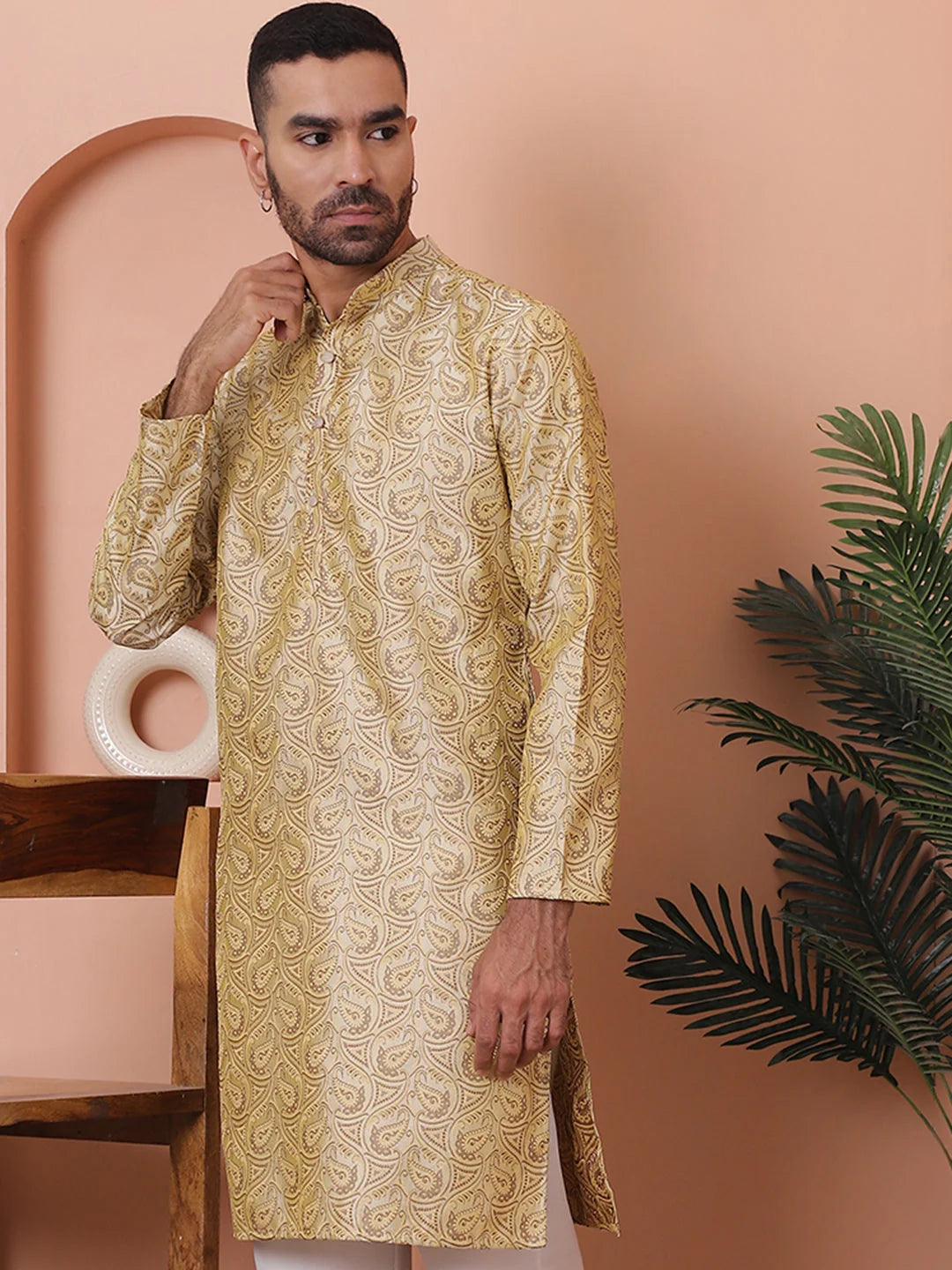 Golden Silk Blend Men's Kurta - Indian Kurta for Men