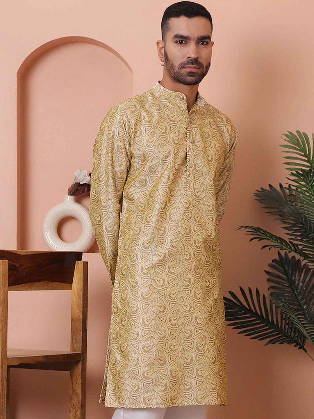 Golden Silk Blend Men's Kurta - Indian Kurta for Men
