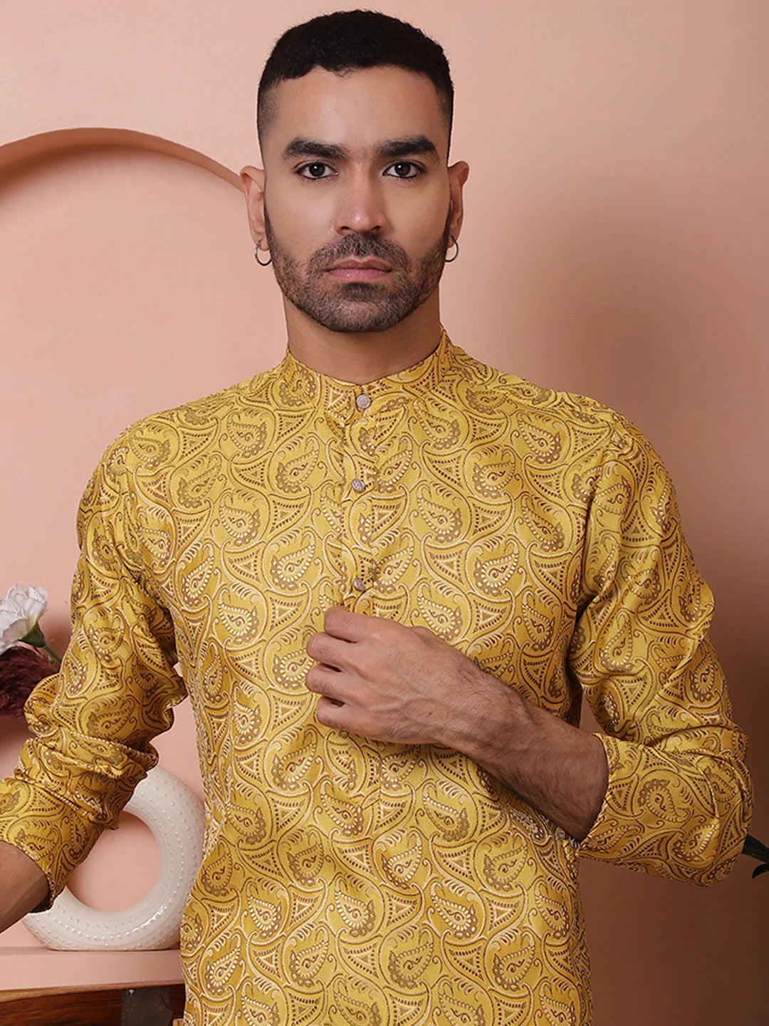 Men Yellow Silk Blend Straight Kurtas-KO-5071Yellow