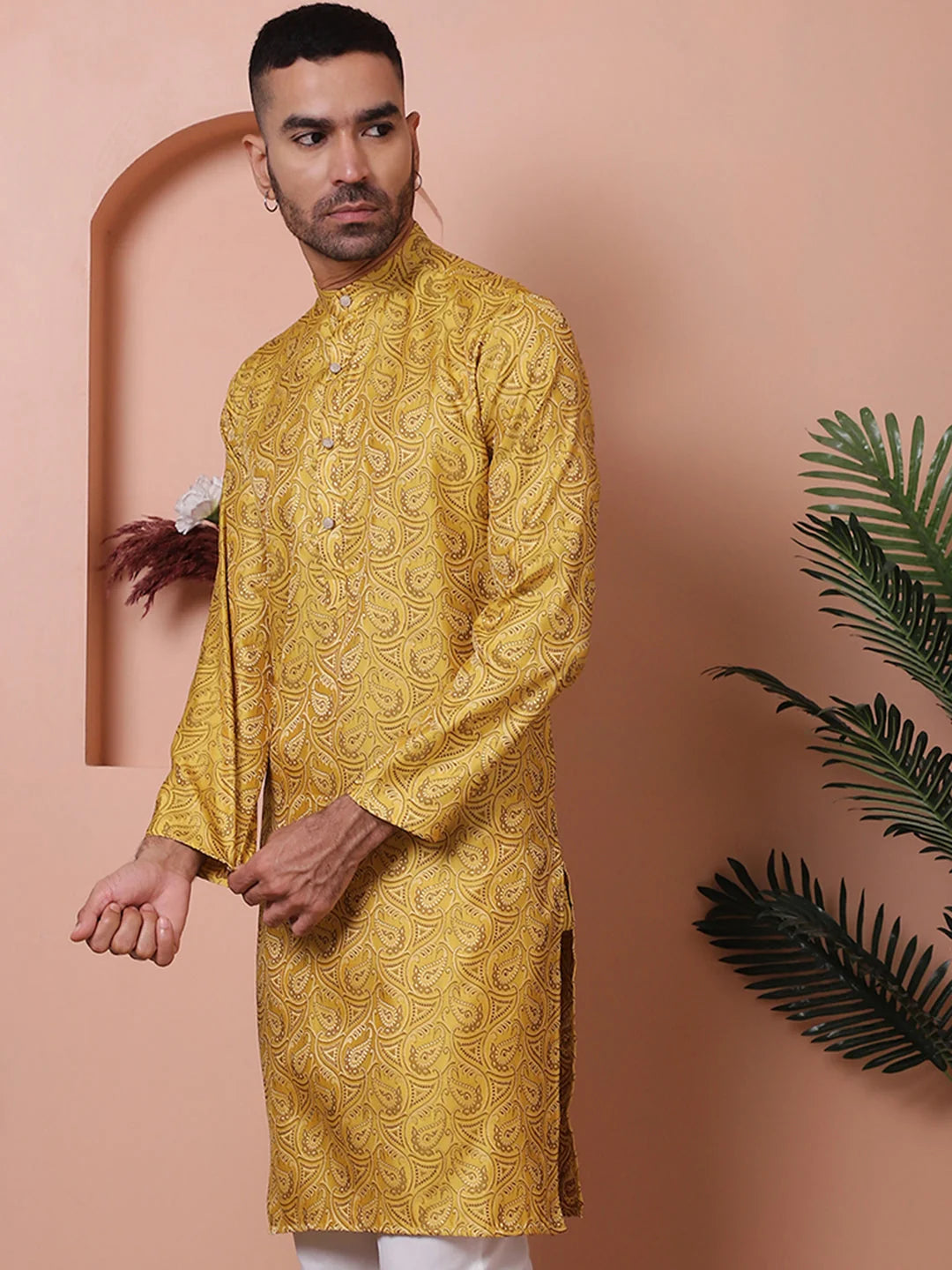 Yellow Silk Blend Men's Kurta - Indian Kurta for Men